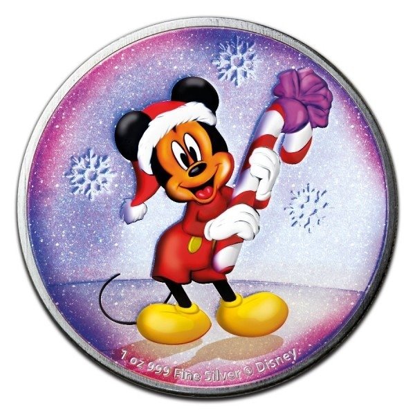 Niue. 2 Dollars 2020 Disney Mickey Mouse Christmas Purple Colorized Coin - 1 oz