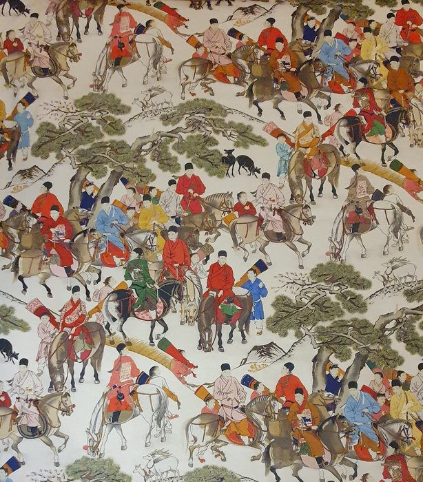 Decostof "Les Cavalier Lin" - "De parade van keizer Xuande" - Panama- Schilderij-380x140cm