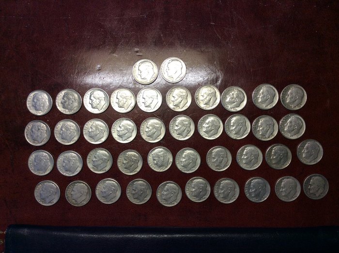 美國. 10 Cents (Roosevelt Dimes) 1943/1964 (42 pieces)