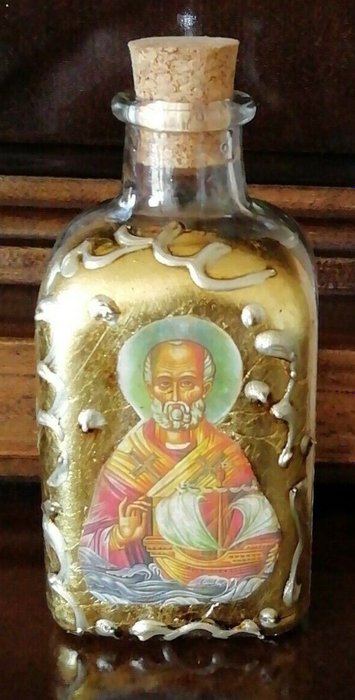 Hand painted bottle containing the SACRED MANNA OF SAINT NICHOLAS OF BARI - Glass - 20th century