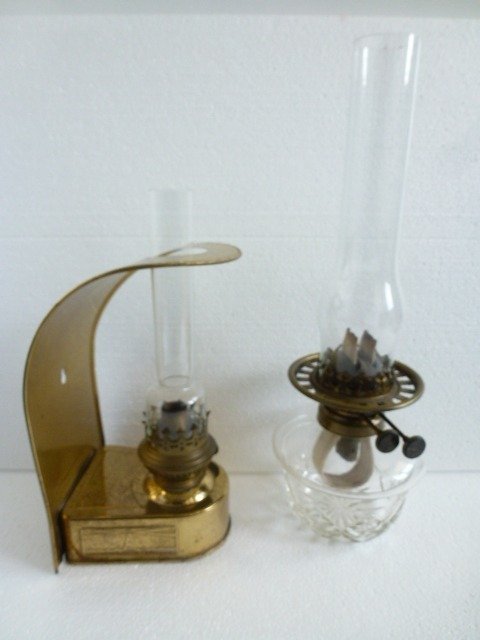 Wright Butler Patent Duplex Burner Birmingham & Kosmos Brenner - Dos lámpara de aceite vieja / lámpara de barco / lámpara de queroseno (2) - Cobre, vidrio, cristal
