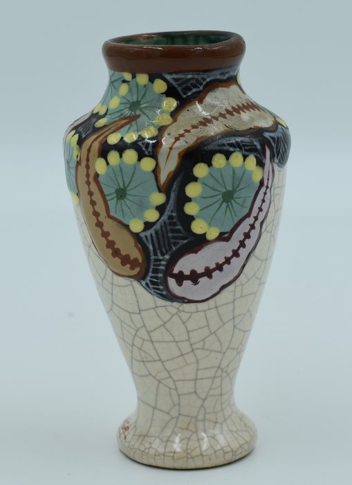 Preview of the first image of Louis Auguste Dage - Art Deco polychrome vase - Signed - Cracked ceramic.