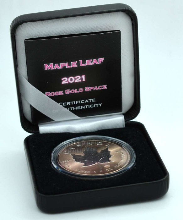 Canada. 5 Dollars 2021 Maple Leaf Rose Gold Reverse Edition in Box - 1 Oz