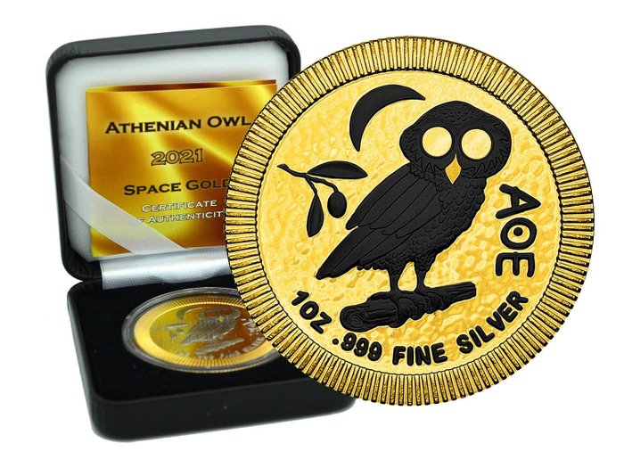 Niue. 2 Dollars 2021 Eule von Athen Space Gold Edition - in Box + CoA - 1 Oz