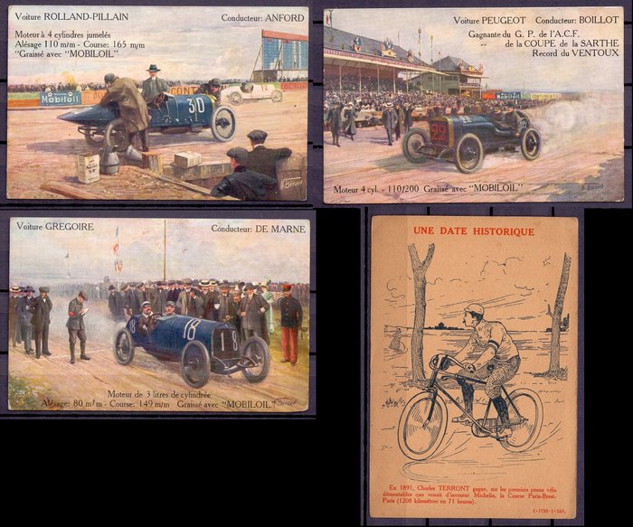 France - Race Courses, Very old cars - Postcards (Collection of 4) - 1900-1930
