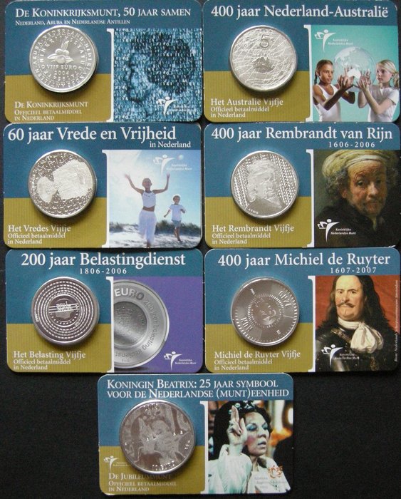 Netherlands. 5 + 10 Euro 2004/2007 Gelegenheidsmunten (7 stuks) in Coincards