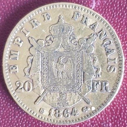 France. Napoléon III (1852-1870). 20 Francs 1864-BB, Strasbourg