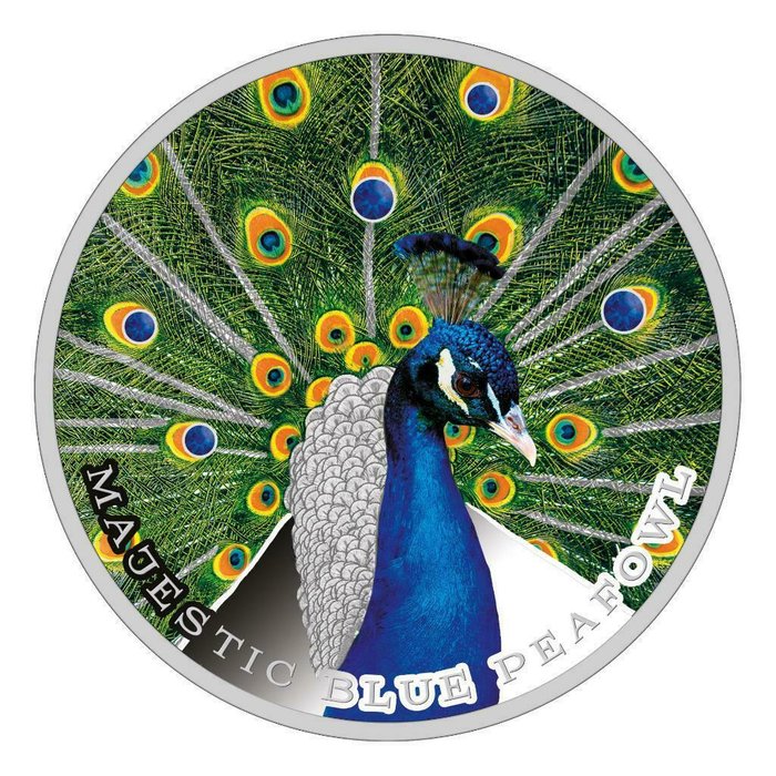紐埃. 2 Dollars 2019 Majestic Blue Peafowl Peacock, 1 Oz (.999)