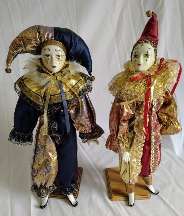 Studio Moonflower Dolls - Nostalgia Mint Collection 1995 - Porseleinen harlekijnpaar (2) - Porselein, Staal, Textiel