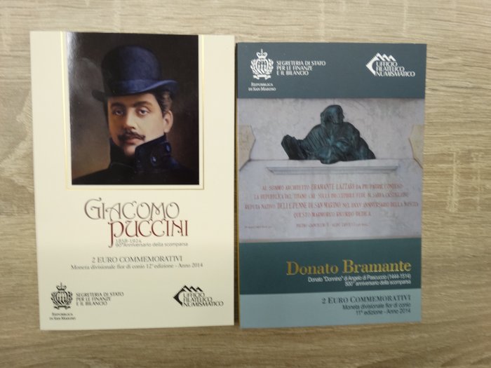 圣玛利诺. 2 Euro 2014 "Puccini" + "Bramante" (2 stuks)  (没有保留价)