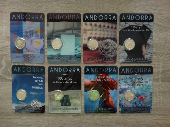 Andorra. 2 Euro 2015/2018 BU (8 verschillende) in Coincards