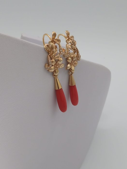 Image 3 of Coral - 925 Silver, Yellow gold - Earrings, Set - 30.00 ct Coral