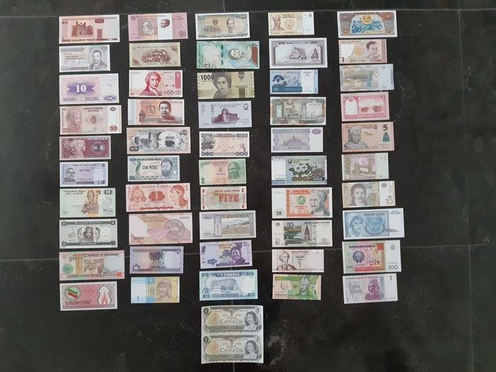 World - 50 verschillende bankbiljetten uit 50 verschillende landen + Canada 2 x 1 dollar ongesneden - diverse data