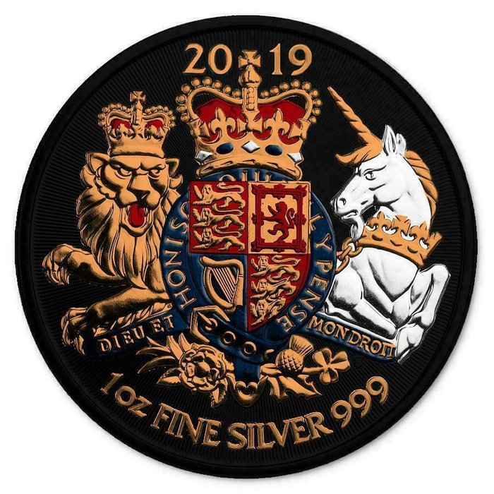 United Kingdom. 2 Pounds 2019  Royal Arms - Lion King & Unicorn - Gilded - 1 Oz