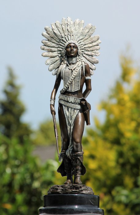 Escultura, indian girl - 46 cm - mármore de bronze