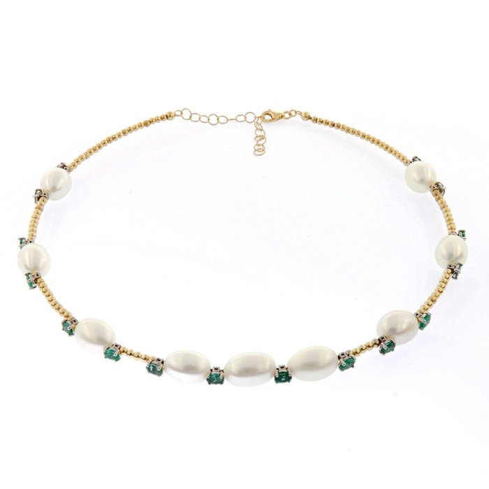 18K包金 淡水珍珠, 黄金 - 项链 - 4.32 ct Emeralds - Pearls
