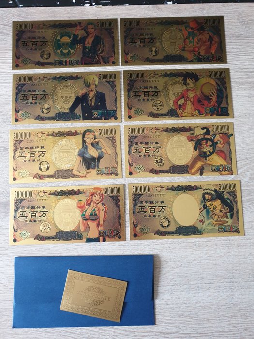 nippon ginko - one piece - 8 banknotes with a gold layer Gold Zeni Yen Set  - 99.9% Carat Gold - 2020