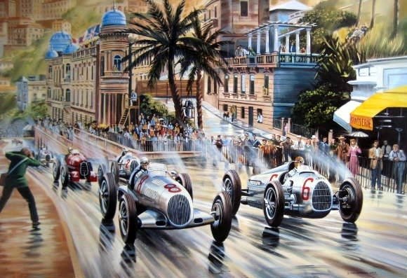 Image/Œuvre d’art - "Silver Arrows" - Mercedes-Benz/Rudolf Caracciola-Auto Union/Bernd Rosemeyer Monaco Grand Prix 1936