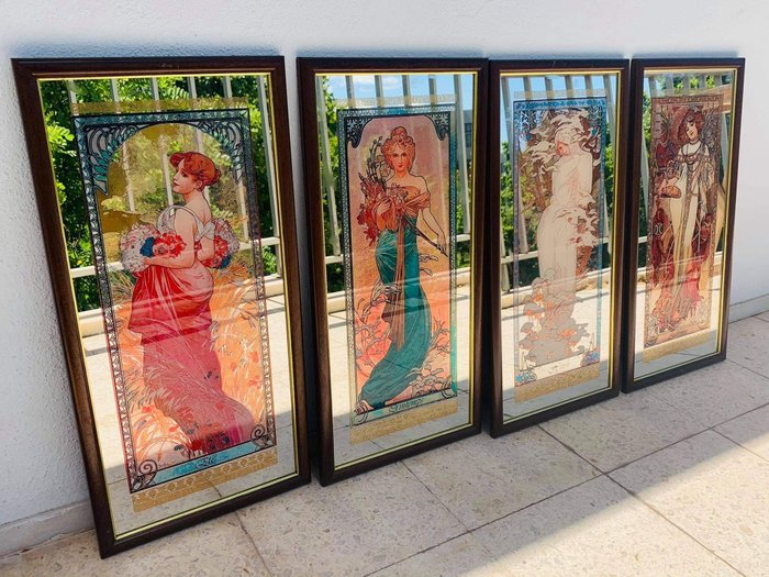 Alphonse Mucha - Verspiegelte Rahmen Mucha - Art Nouveau - Glas (Buntglas), Holz