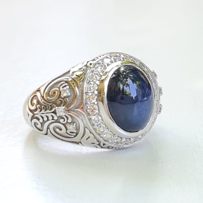 Natural Blue Star Sapphire Diamond Ring - 14 kt. Valkokulta - Sormus - 8.31 ct Tähtisafiiri - 0,55 ct Diamond D-F VS-SI