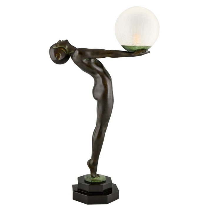 Jalkalamppu - Art Deco tyyli LUMINA signeerattu Max Le Verrier H. 65 cm. - Lasi, Marmori, Metalli