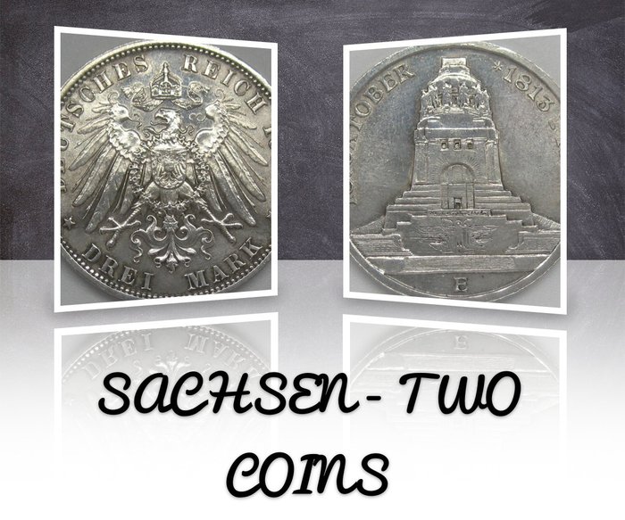 Germany, Empire, Saxony. Friedrich August III. (1904-1918). 3 Mark 1913-E "Battle of Leipzig" (2 coins)
