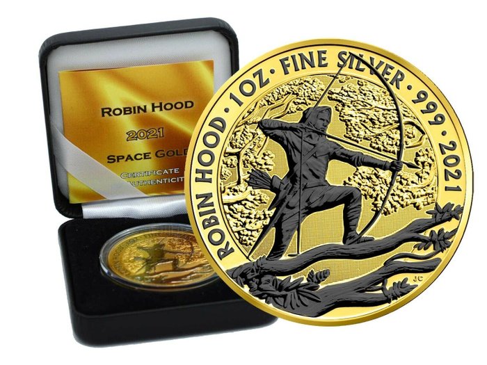 United Kingdom. 2 Pounds 2021 Robin Hood UK Silber Gold Space Edition in Box CoA 1 OZ