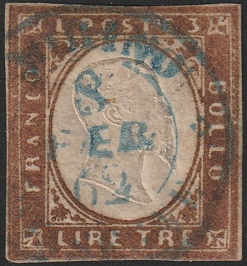 Italienische antike Staaten - Sardinien 1861 - 4th issue  3 l. copper, full margins, used, “Torino Consegne” cancellation, light blue, very rare - Sassone n.18