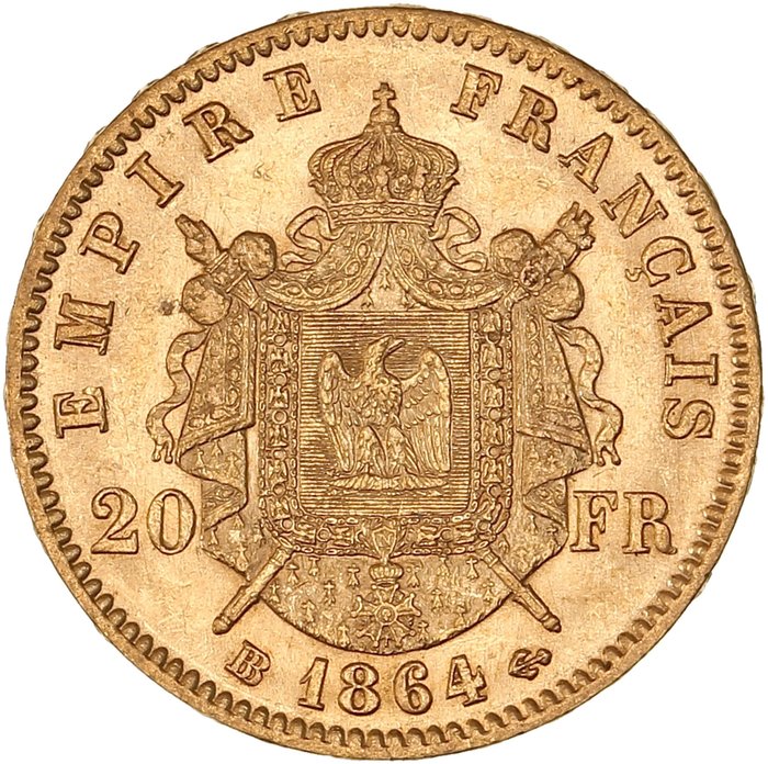 France. Napoléon III (1852-1870). 20 Francs 1864-BB, Strasbourg. Variété grand BB - GENI UNC