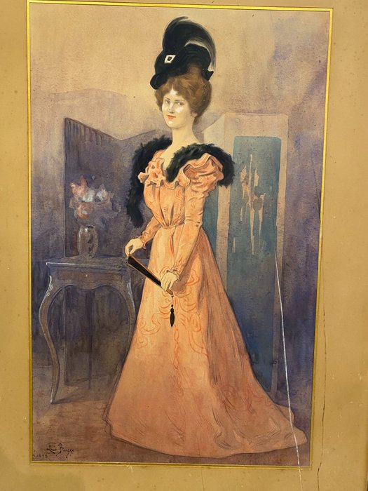 Louis Bourgeois-Borgex (1873-1959) - Schilderij, Elegant in een roze jurk met een waaier