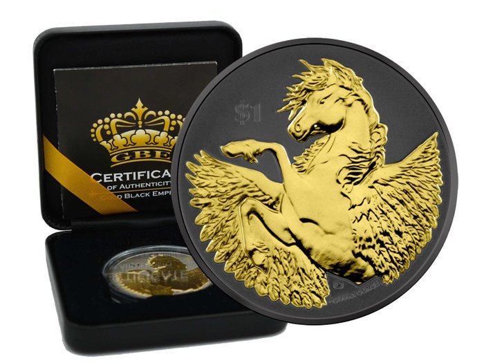 Îles Vierges britanniques. 1 Dollar 2021 - British Virgin Islands Pegasus - Gold Black Empire Edition in Box CoA - 1 Oz - Silber