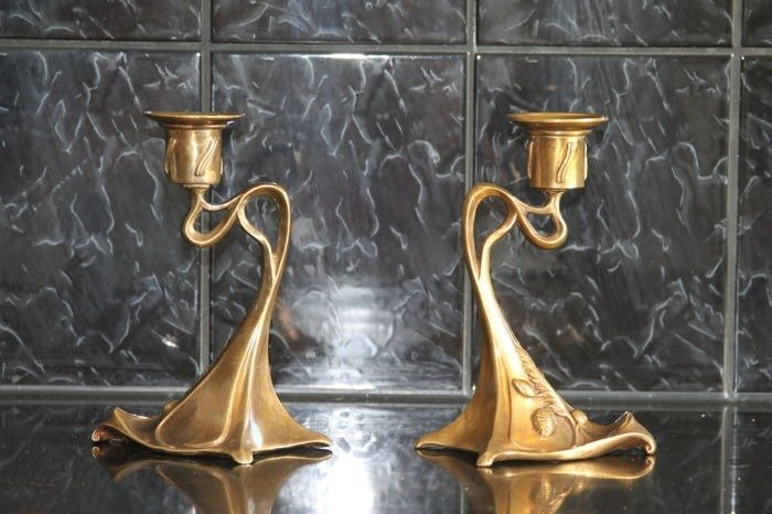 bronze candlesticks in art nouveau style set of 2 pieces – bronze