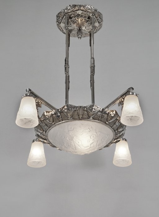 Petitot & Muller frères French art deco - Chandelier - Glass, nickeled bronze
