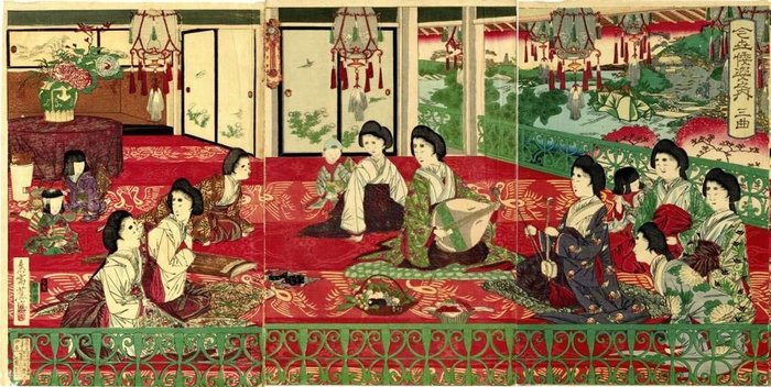 Original Holzschnitt - Papier - Mishima Shosho (1856-1928) - “Kinse yamato sugata no uchi-sankyoku”今世倭姿之内 三曲 ”(Kotokyoku in the appearance of modern Japan) - Japan - 1905 (Zeitraum Meiji 11) Mai