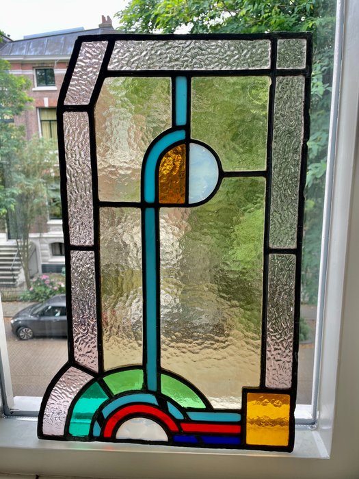 Oude Art Deco  raamhangers met geometrische patronen - Glas-in-lood