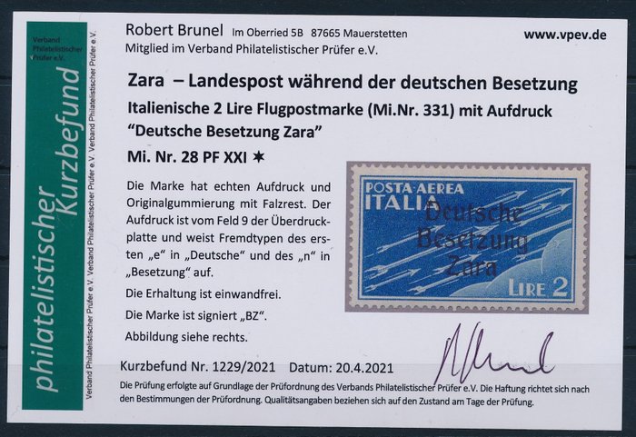 German Empire - Occupation of Zara 1943 - Airmail stamp 2 lire with overprint, rare plate error, edition of only 78 pieces - Michel Nr. 28 PF XXI mit Kurzbefund Brunel VP "echt & einwandfrei"