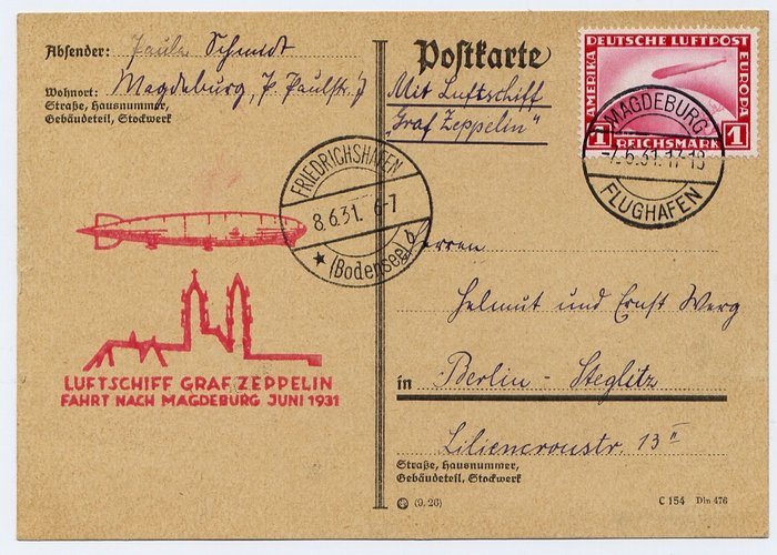German Empire 1931 - LZ 127 - Zeppelin :  Flight to Magdeburg and to Meiningen : lot of 2 cards