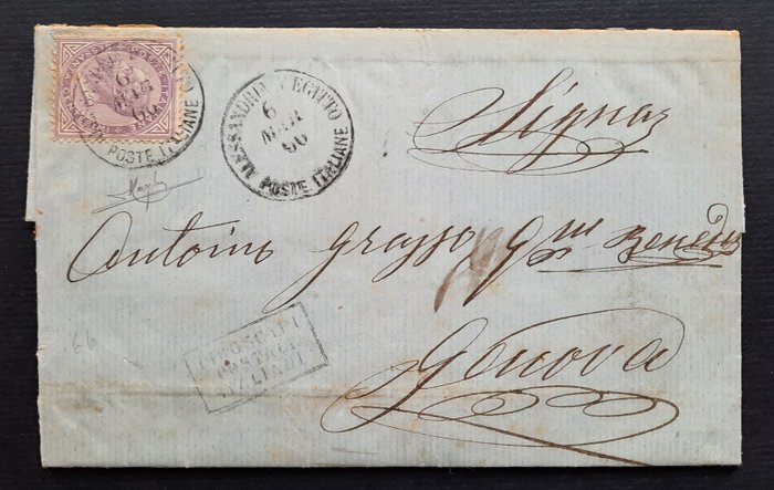 Levant - 60 cents light lilac on letter from Alexandria, Egypt (pt. 12) to Genoa - Sassone N. L21