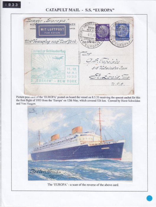 German Empire 1933/1933 - 11/12 May 1933 catapult airmail letter steamer “EUROPA” to St. Louis on Europa picture postcard with