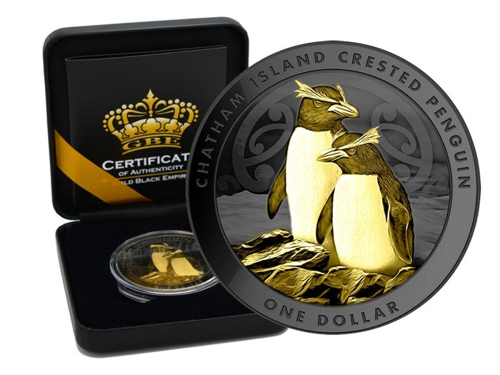 Nouvelle-Zélande. 1 Dollar 2020 - Chatham Island Crested Pinguin Gold Black Empire Edition in Box CoA - 1 Oz - Silber