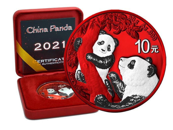 Chine. 10 Yuan 2021 Panda Space Red Edition in Box und CoA