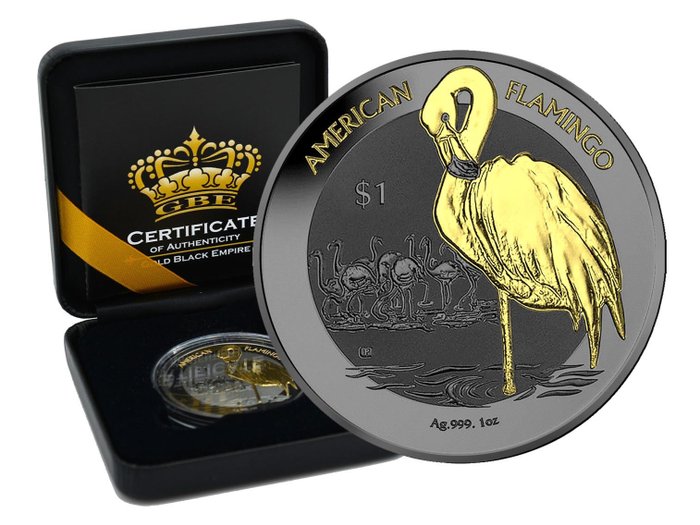 Îles Vierges britanniques. 1 Dollar 2021 - British Virgin Islands Flamingo - Gold Black Empire Edition in Box CoA - 1 Oz - Silber