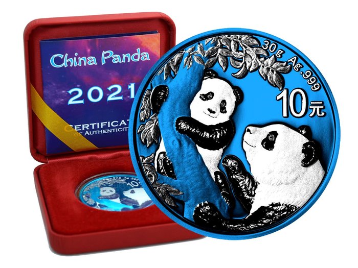 Chine. 10 Yuan 2021 Panda Space Blue Edition in Box und CoA - 30 gr