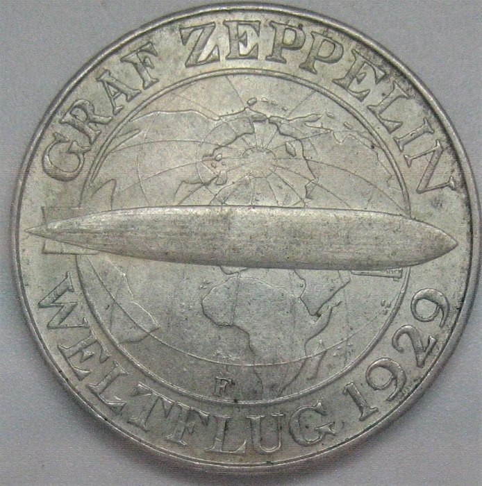 Germany, Weimar Republic. 3 Reichsmark 1930-F " Graf Zepelin" (R)