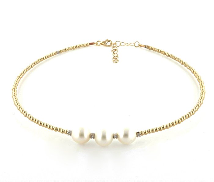 n - 18 kt Gelbgold, Süßwasserperlen - Halskette - 0.06 ct Diamanten - Perlen