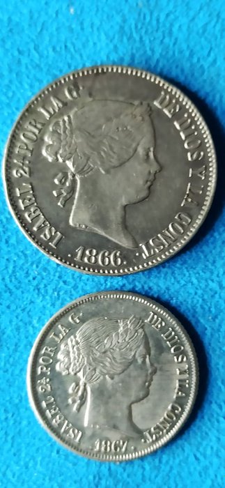 Spain. Isabel II (1833-1868). 1 Escudo 1866 Madrid +  40 Céntimos de Escudo 1867 Madrid  ( 2 Monedas ) Plata