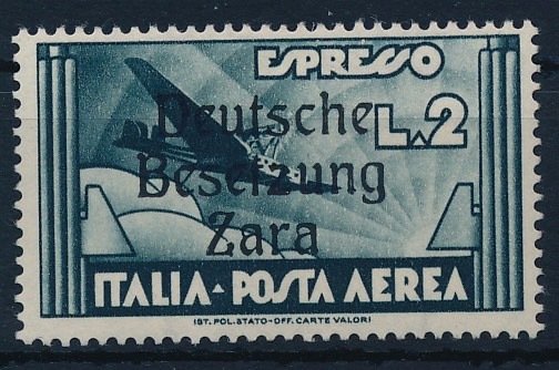 German Empire - Occupation of Zara 1943 - Airmail stamp 2 lire with overprint, rare plate error, edition of only 93 pieces - Michel Nr. 31 PF XIV, Fotobefund Brunel VP "echt & einwandfrei"