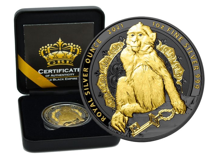 Gibraltar (Territoire britannique d’outre-mer). 2 Pounds 2021 Gibraltar Berberaffe Gold Black Empire Edition in Box - 1 Oz