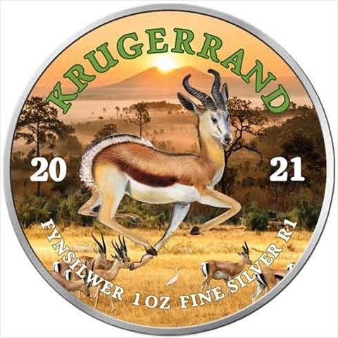 South Africa. 1 Rand 2021 - "Springbock - Pangäa Serie colorized " - 1 Oz mit COA