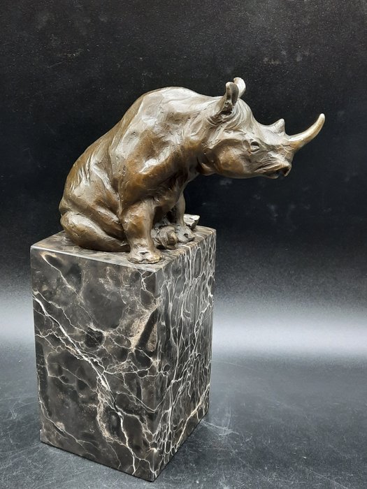 Statue, Rhino Statue Bronze on Marble 2.7KG - 22 cm - Bronze, Marble
